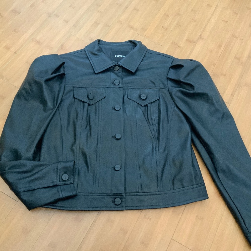 Express black Vegan Leather Puff Shoulder Jacket